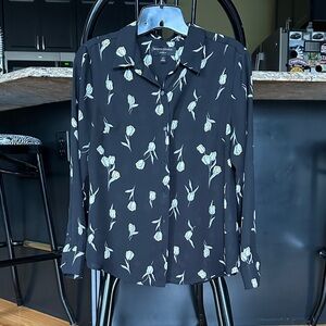 Banana Republic Factory Black Blouse with Cream Floral Design